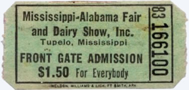 Ticket for Elvis Presley Show 1956 - Tupelo, MS. Mississippi-Alabama Fairgrounds