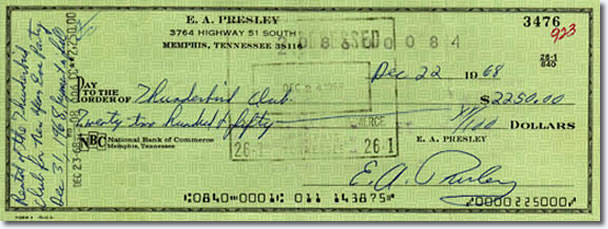 Elvis paid over $2,200 for a New Year's Eve party on December 31, 1968 at the Thunderbird Lounge on Adams Street in Memphis. This was his second consecutive New Year's Eve party at the club. Performers included Short Cuts, Vaneese Starks, Flash and the Board of Directors, Billy Lee Riley and B.J. Thomas.