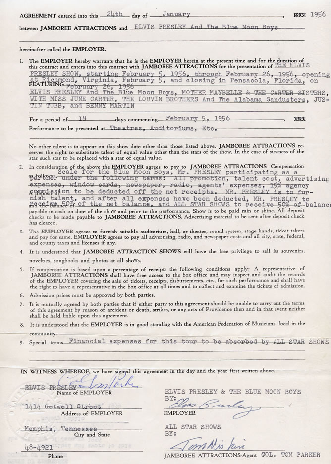 1956 business contract signed by colonel parker and elvis for the elvis
