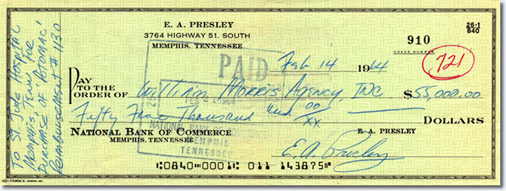 Elvis' check which he used to pay for the yacht that he donated to St Jude's