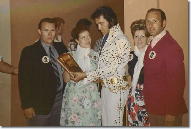 Members of 'The King's Court' fan club from New York meeting Elvis backstage in Las Vegas on August 31, 1973.